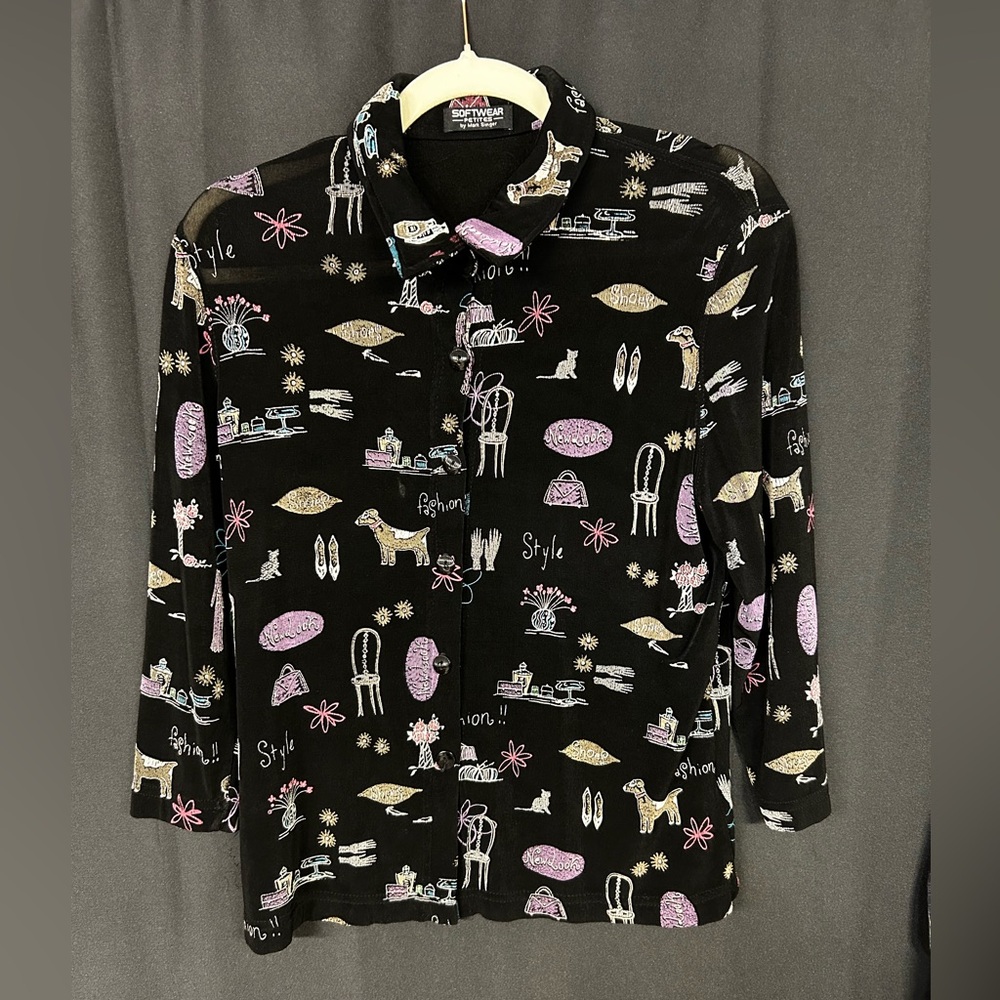 Mark Singer Lavender/Black Women's Button Up Shirt Street Cafe Cats, Dogs